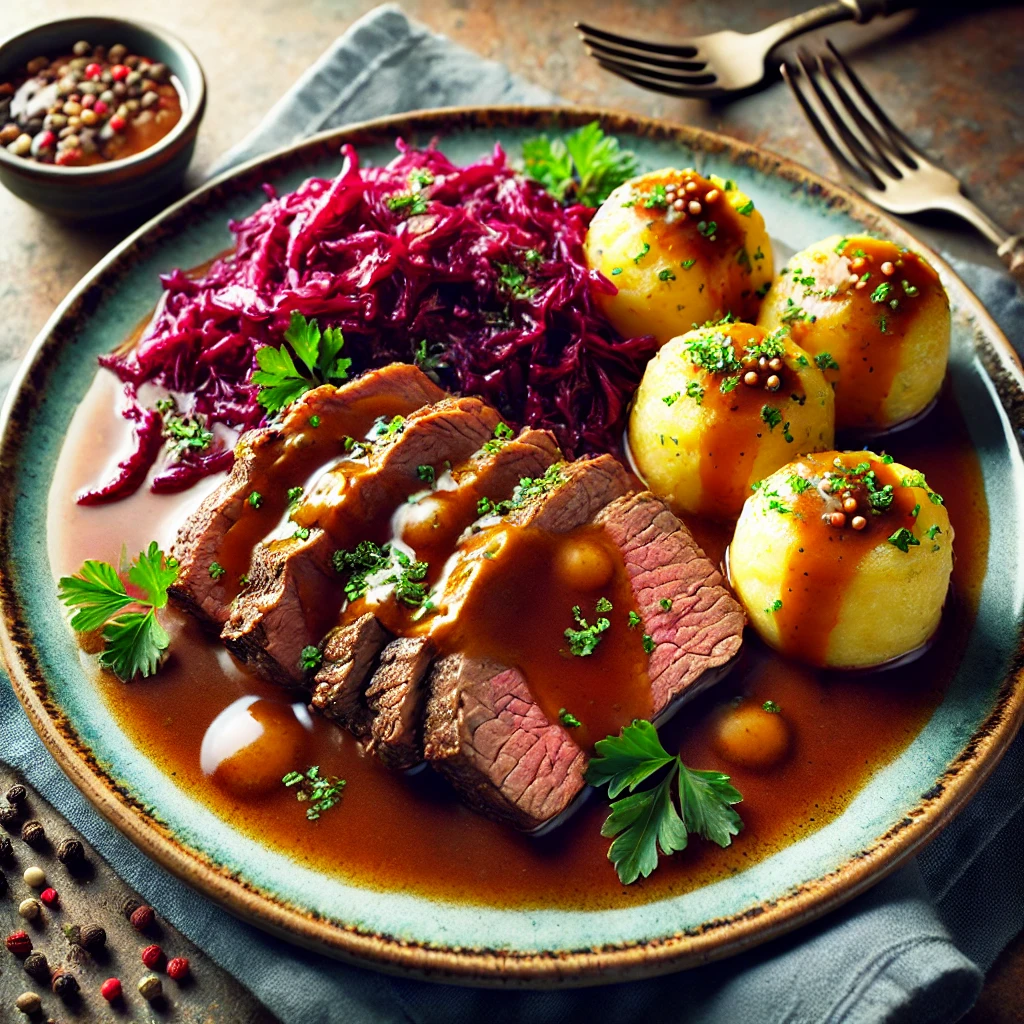 Sauerbraten ist ein klassisches deutsches Gericht, bei dem zartes Rindfleisch über mehrere Tage in einer Marinade aus Essig, Wasser und Gewürzen eingelegt wird, um einen herzhaften Geschmack zu erzielen. Es wird traditionell mit Rotkohl und Kartoffelknödeln serviert.<br>**Empfohlene Beilagen** Rotkohl und Kartoffelknödel.<br>Dieses Rezept ist für 4 Portionen.